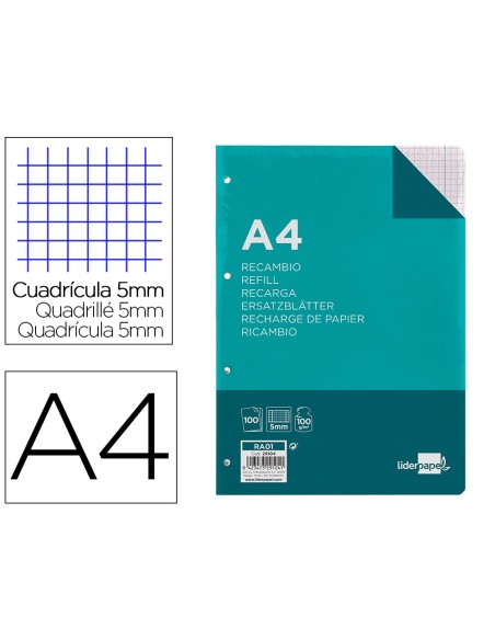 Recambio liderpapel a4 100 hojas 100g/m2 cuadro...