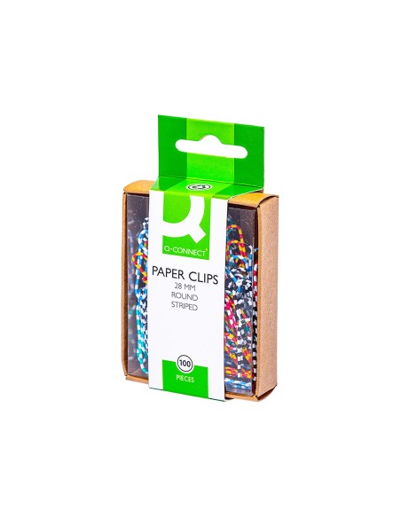 Clips colores rayados q-connect 28 mm caja de 100 unidades colores surtidos