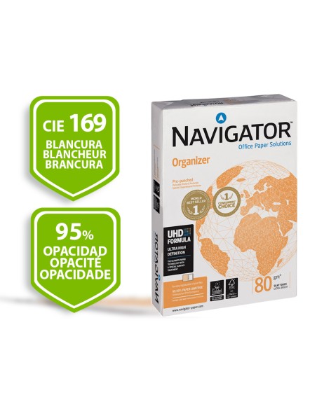 Papel fotocopiadora navigator din a4 80 gramos 4 taladros papel multiuso ink-jet y laser paquete de 500 hojas
