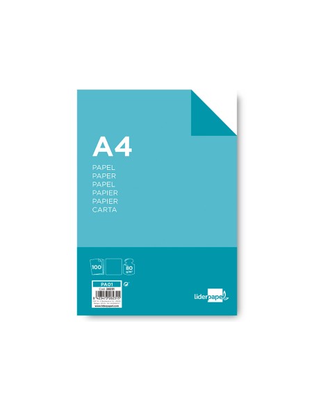 Papel liderpapel a4 80g/m2 liso paquete de 100 hojas