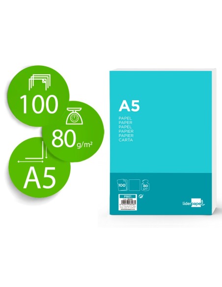 Papel liderpapel a5 80g/m2 liso paquete de 100...