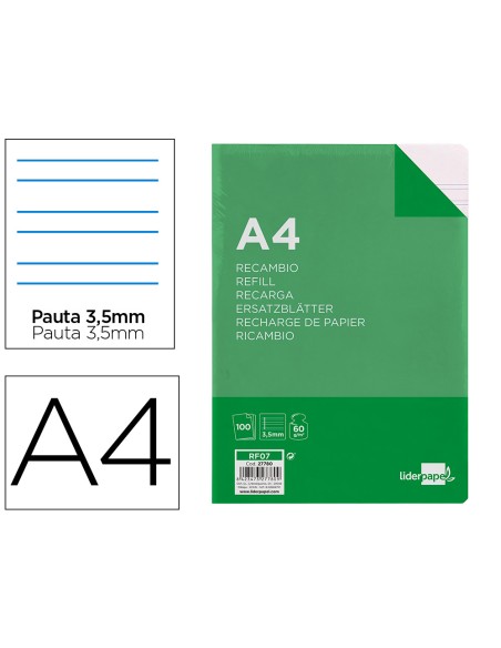 Recambio liderpapel a4 100 hojas 60g/m2pauta 4ª 3.5mm con margen 4 taladros