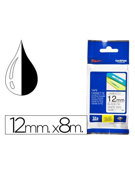 Cinta brother tze-231 blanco-negro 12mm longitud 8 mt
