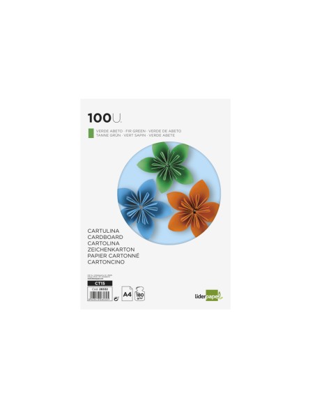 Cartulina liderpapel a4 180g/m2 verde abeto paquete de 100 hojas