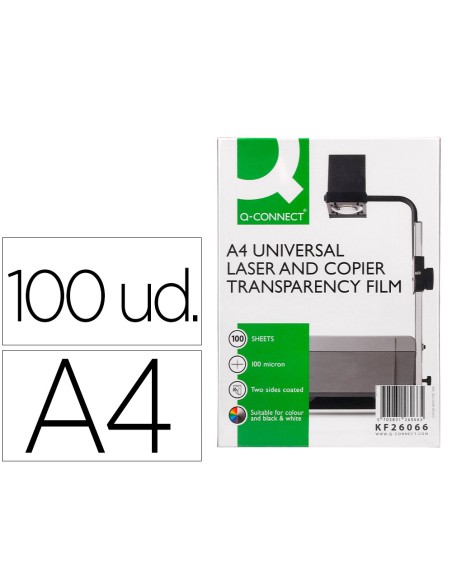 Transparencia q-connect din a4 kf26066 para fotocopiadora tratada dos caras caja de 100 hojas