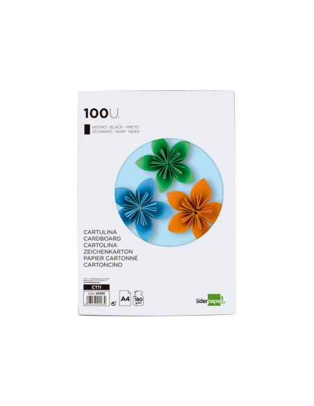 Cartulina liderpapel a4 180g/m2 negro paquete de 100 hojas