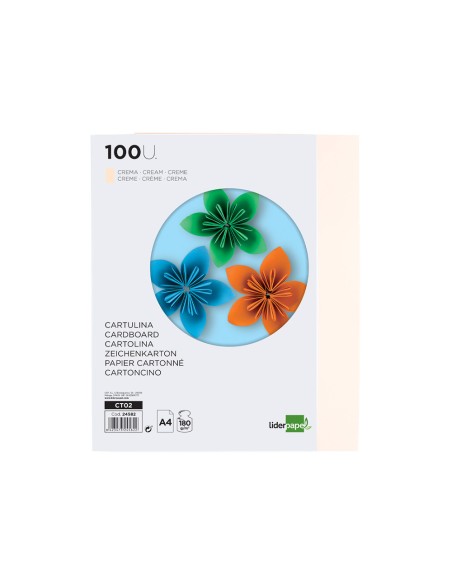 Cartulina liderpapel a4 180g/m2 crema paquete de 100 hojas