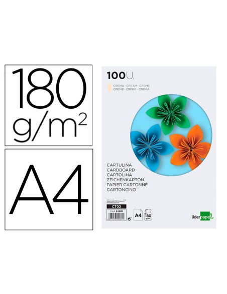 Cartulina liderpapel a4 180g/m2 crema paquete...