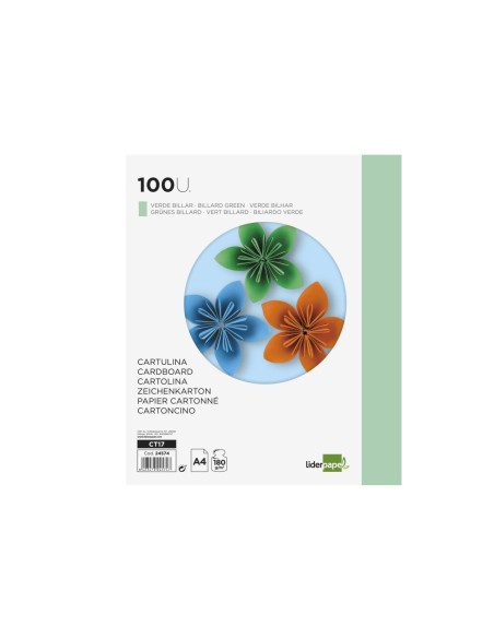 Cartulina liderpapel a4 180g/m2 verde paquete...