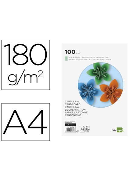 Cartulina liderpapel a4 180g/m2 verde paquete...