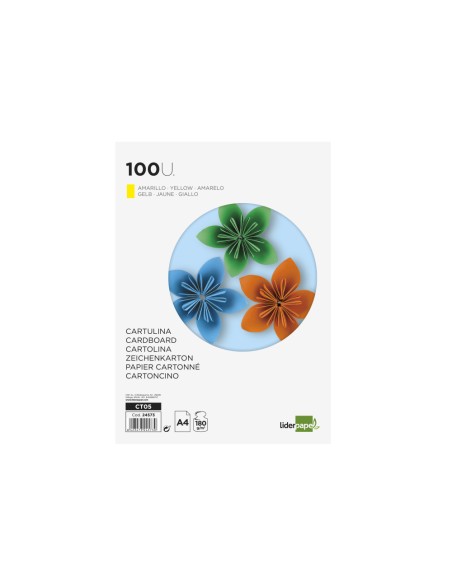 Cartulina liderpapel a4 180g/m2 amarillo paquete de 100 hojas