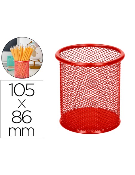 Cubilete portalapices q-connect rojo metal redondo rejilla diametro 86 mm alto 105 mm