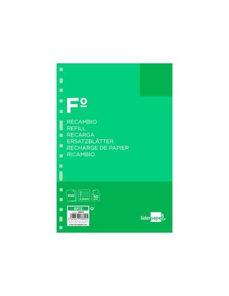 Recambio liderpapel folio 100 hojas 60g/m2 pauta 5ª 2.5mm con margen 16 taladros