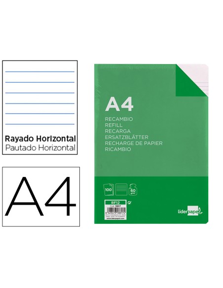Recambio liderpapel a4 100 hojas 60g/m2 horizontal sin margen 16 taladros