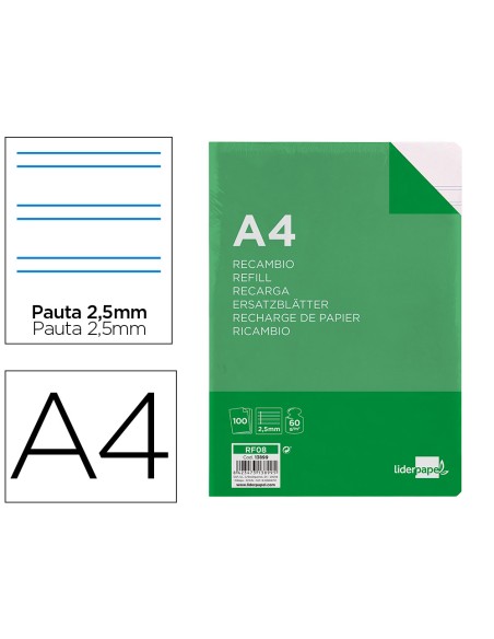 Recambio liderpapel a4 100 hojas 60g/m2 pauta 5ª 2.5mm con margen 4 taladros