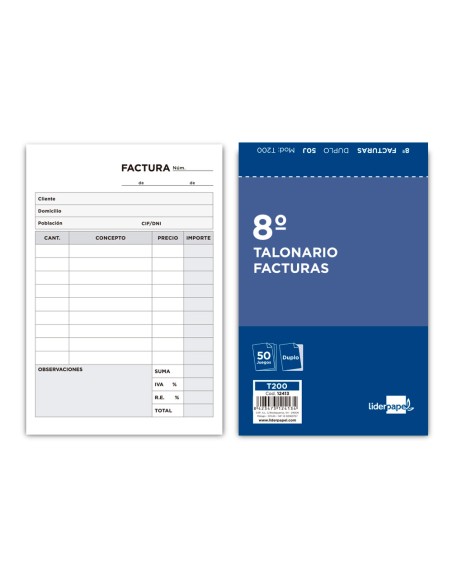 Talonario liderpapel facturas 8º original y copia t200 con i.v.a