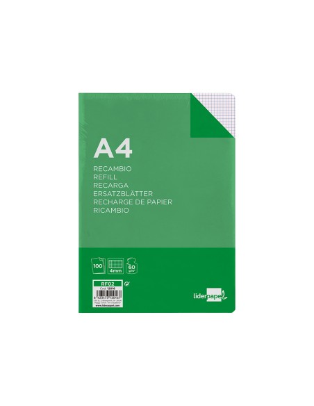 Recambio liderpapel a4 100 hojas 60g/m2 cuadro 4mm con margen sin taladros
