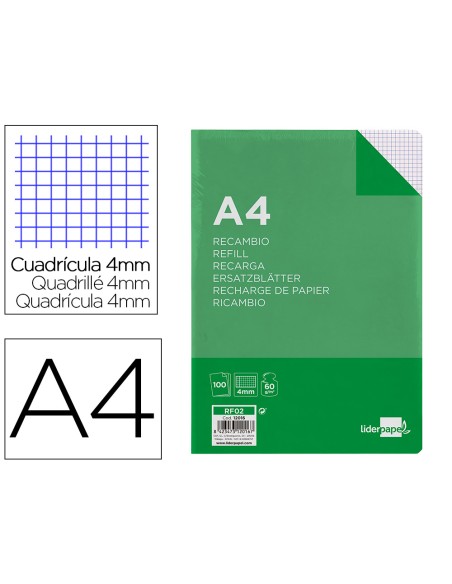 Recambio liderpapel a4 100 hojas 60g/m2 cuadro 4mm con margen sin taladros