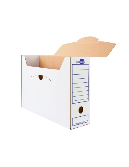 Caja archivo definitivo liderp apel folio prolongado carton 100% reciclado 340g/m2 lomo 116mm color blanco 388x116x275 m