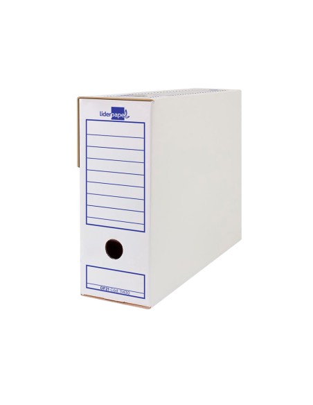 Caja archivo definitivo liderp apel folio prolongado carton 100% reciclado 340g/m2 lomo 116mm color blanco 388x116x275 m