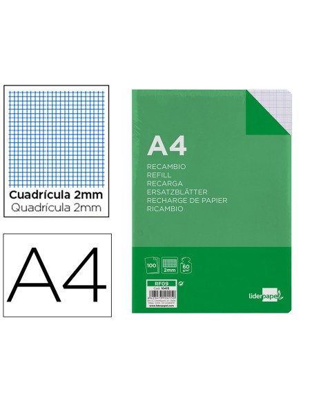 Recambio liderpapel a4 100 hojas 60g/m2 milimetrado sin margen 4 taladros