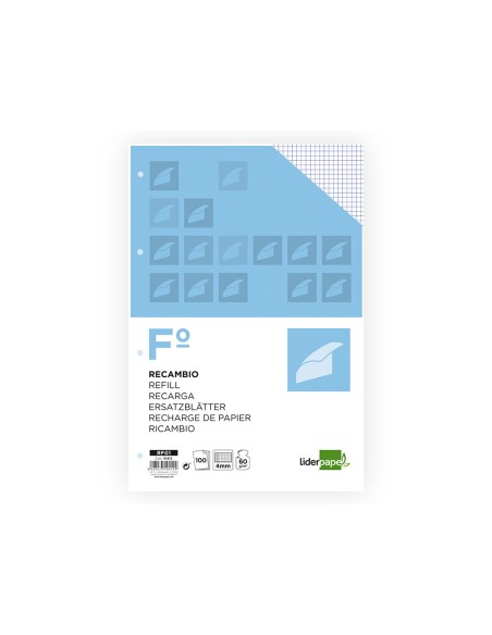 Recambio liderpapel a4 100 hojas 60g/m2 cuadro 4 mm con margen 4 taladros