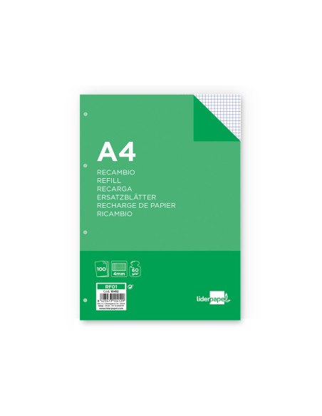 Recambio liderpapel a4 100 hojas 60g/m2 cuadro 4 mm con margen 4 taladros