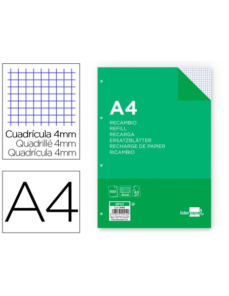 Recambio liderpapel a4 100 hojas 60g/m2 cuadro...