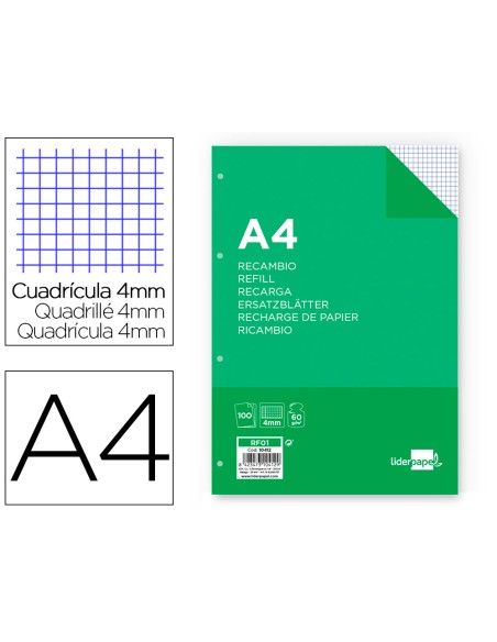 Recambio liderpapel a4 100 hojas 60g/m2 cuadro 4 mm con margen 4 taladros