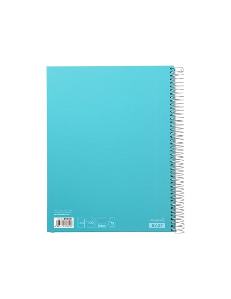 Cuaderno espiral liderpapel a4 micro jolly tapa forrada 140h 75 gr cuadro 5mm 5 bandas4 taladros color celeste