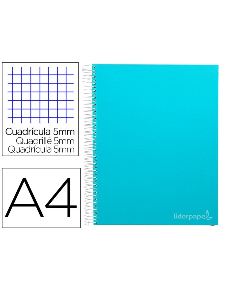 Cuaderno espiral liderpapel a4 micro jolly tapa forrada 140h 75 gr cuadro 5mm 5 bandas4 taladros color celeste