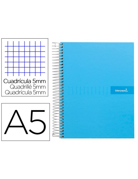 Cuaderno espiral liderpapel a5 micro crafty tapa forrada 120h 90 gr cuadro 5mm 5 bandas6 taladros color celeste