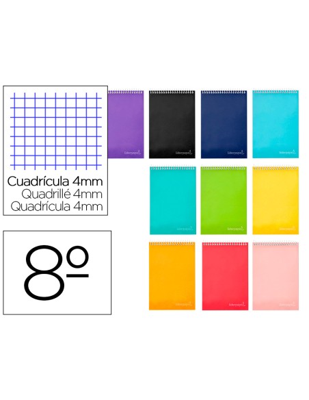 Cuaderno espiral liderpapel bolsillo octavo apaisado witty tapadura 80h 75gr cuadro 4 mm colores surtidos