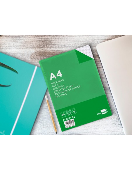 Recambio liderpapel a4 80 hoja 60g/m2 cuadro 4 mm con margen 4 taladros