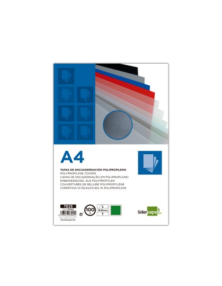 Tapa encuadernacion liderpapel polipropileno a4 0.5mm verde opaco paquete de 100 unidades