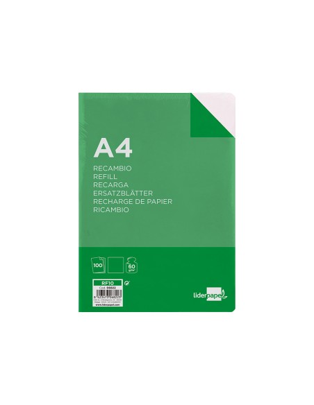 Recambio liderpapel a4 100 hojas 60g/m2 liso sin margen 4 taladros