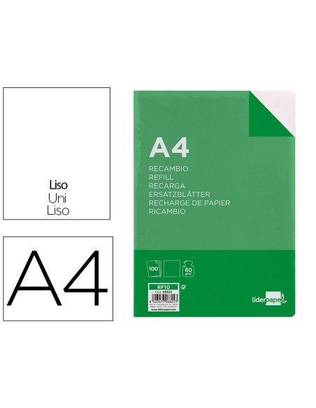 Recambio liderpapel a4 100 hojas 60g/m2 liso sin margen 4 taladros