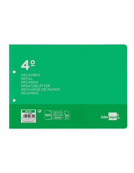 Recambio liderpapel cuarto apaisado 100 h 2tca-01 cuadro 4 mm 2 taladros con margen