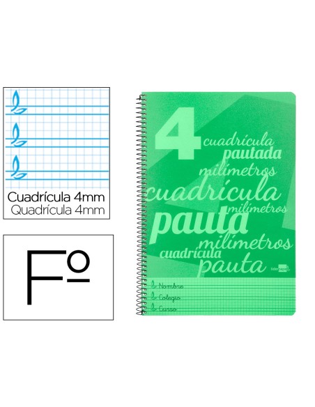 Cuaderno espiral liderpapel folio pautaguia tapa plastico 80h 75gr cuadro pautado 4mm con margen color verde
