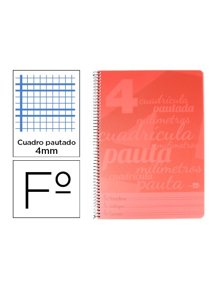 Cuaderno espiral liderpapel folio pautaguia tapa plastico 80h 75gr cuadro pautado 4mm con margen color rojo