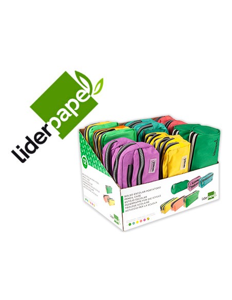 Bolso escolar liderpapel portatodo expositor de 12 unidades colores y modelos surtidos