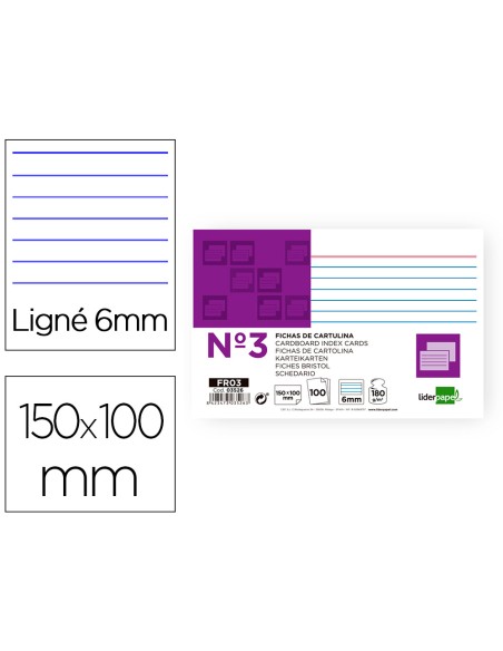Ficha liderpapel rayada nº3 100x150 mm 180g/m2 paquete de 100 unidades