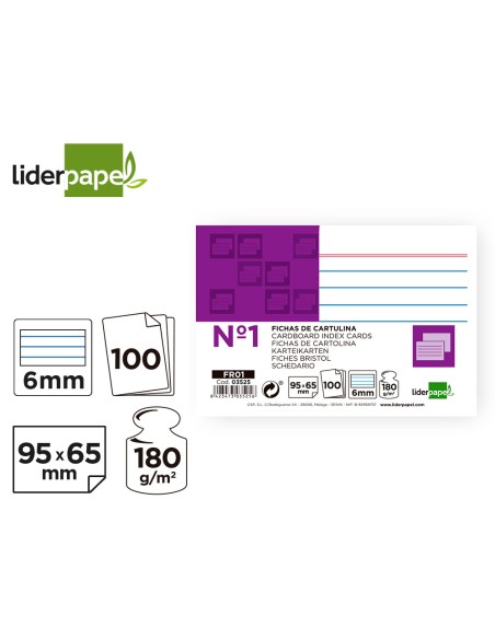 Ficha liderpapel rayada nº1 65x95 mm 180g/m2 paquete de 100 unidades