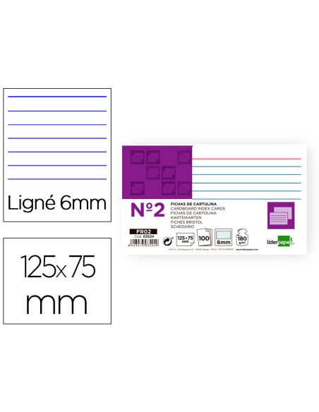 Ficha liderpapel rayada nº2 75x125 mm 180g/m2 paquete de 100 unidades