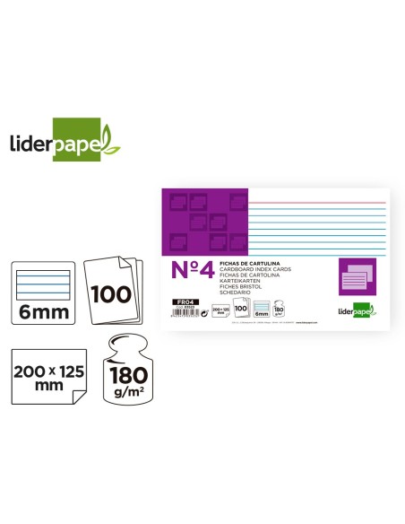 Ficha liderpapel rayada nº4 125x200 mm 180g/m2...