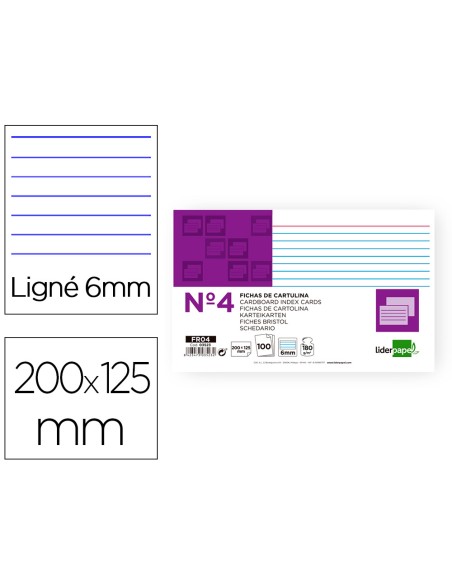 Ficha liderpapel rayada nº4 125x200 mm 180g/m2 paquete de 100 unidades