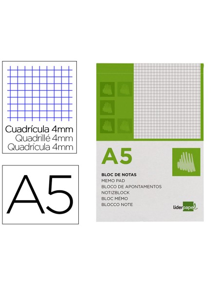 Bloc notas liderpapel cuadro 4mm a5 80 hojas 60g/m2 perforado