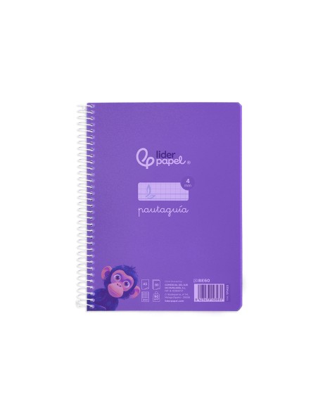 Cuaderno espiral liderpapel din a5 pautaguia tapa plastico 80h 90gr cuadro pautado 4 mm con margen color violeta
