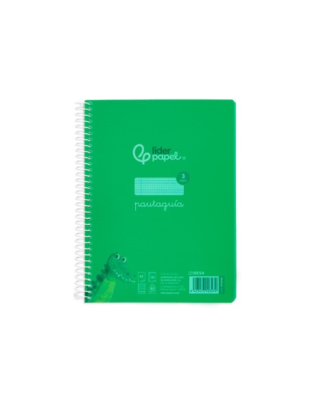 Cuaderno espiral liderpapel din a5 pautaguia tapa plastico 80h 90gr cuadro pautado 3 mm con margen color verde