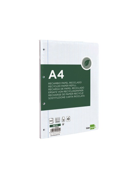 Recambio liderpapel a4 100 hojas papel reciclado 100% 80g/m2 cuadro 4mm con margen 4 taladros